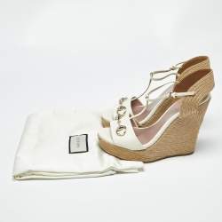 Pre Owned Gucci Cream Patent Leather Horsebit Wedge Espadrille Sandals Size 39.5
