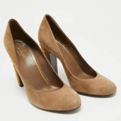 Pre Owned Gucci Brown Suede Jacqueline Studded Block Heel Pumps Size 39