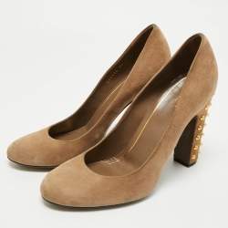Pre Owned Gucci Brown Suede Jacqueline Studded Block Heel Pumps Size 39