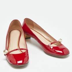 Pre Owned Gucci Red Patent Leather Interlocking G Pearl Pumps Size 40.5
