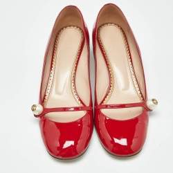 Pre Owned Gucci Red Patent Leather Interlocking G Pearl Pumps Size 40.5