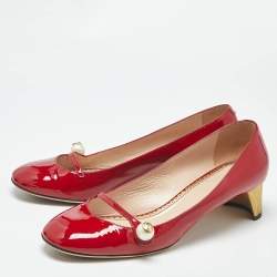 Pre Owned Gucci Red Patent Leather Interlocking G Pearl Pumps Size 40.5