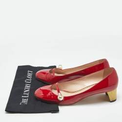 Pre Owned Gucci Red Patent Leather Interlocking G Pearl Pumps Size 40.5