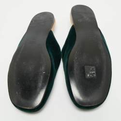 Pre Owned Gucci Dark Green Velvet Crystal Embellished Snake Flat Mules Size 38
