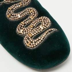 Pre Owned Gucci Dark Green Velvet Crystal Embellished Snake Flat Mules Size 38