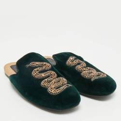 Pre Owned Gucci Dark Green Velvet Crystal Embellished Snake Flat Mules Size 38