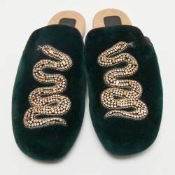 Pre Owned Gucci Dark Green Velvet Crystal Embellished Snake Flat Mules Size 38