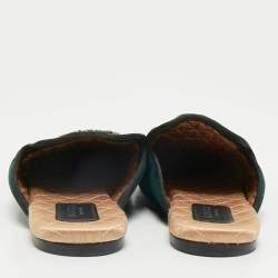 Pre Owned Gucci Dark Green Velvet Crystal Embellished Snake Flat Mules Size 38