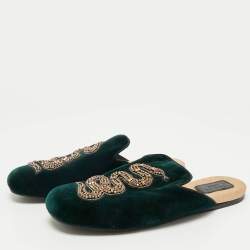 Pre Owned Gucci Dark Green Velvet Crystal Embellished Snake Flat Mules Size 38