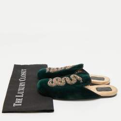 Pre Owned Gucci Dark Green Velvet Crystal Embellished Snake Flat Mules Size 38