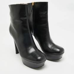 Pre Owned Gucci Black Leather Ankle Length Platform Boots Size 38