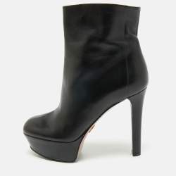 Pre Owned Gucci Black Leather Ankle Length Platform Boots Size 38