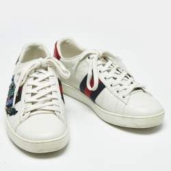 Pre Owned Gucci White Leather Snake Embellished Web Ace Low Top Sneakers Size 36