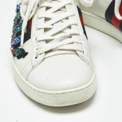 Pre Owned Gucci White Leather Snake Embellished Web Ace Low Top Sneakers Size 36
