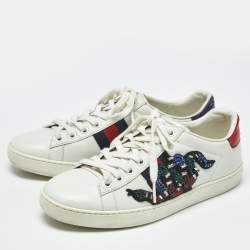 Pre Owned Gucci White Leather Snake Embellished Web Ace Low Top Sneakers Size 36