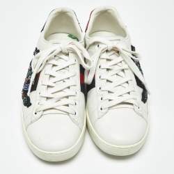 Pre Owned Gucci White Leather Snake Embellished Web Ace Low Top Sneakers Size 36