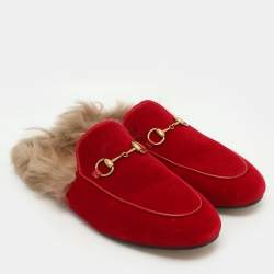 Pre Owned Gucci Red Velvet Princetown Horsebit Flat Mules Size 40