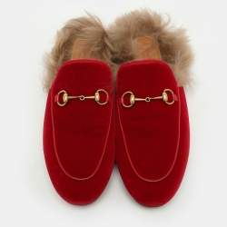 Pre Owned Gucci Red Velvet Princetown Horsebit Flat Mules Size 40