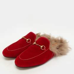 Pre Owned Gucci Red Velvet Princetown Horsebit Flat Mules Size 40