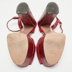 Pre Owned Gucci Red/Burgundy Python Leather Claudie Horsebit Platform Sandals Size 39