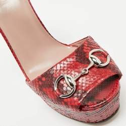 Pre Owned Gucci Red/Burgundy Python Leather Claudie Horsebit Platform Sandals Size 39