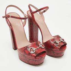 Pre Owned Gucci Red/Burgundy Python Leather Claudie Horsebit Platform Sandals Size 39