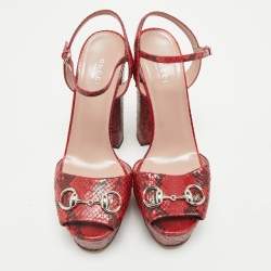 Pre Owned Gucci Red/Burgundy Python Leather Claudie Horsebit Platform Sandals Size 39