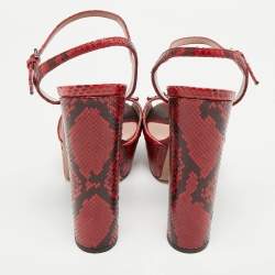 Pre Owned Gucci Red/Burgundy Python Leather Claudie Horsebit Platform Sandals Size 39