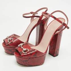 Pre Owned Gucci Red/Burgundy Python Leather Claudie Horsebit Platform Sandals Size 39
