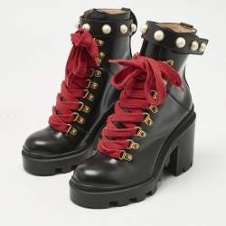 Pre Owned Gucci Black Leather Faux Pearl Embellished Trip Ankle Length Boots Size 35