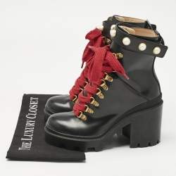 Pre Owned Gucci Black Leather Faux Pearl Embellished Trip Ankle Length Boots Size 35