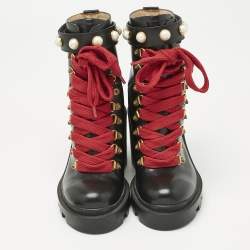 Pre Owned Gucci Black Leather Faux Pearl Embellished Trip Ankle Length Boots Size 35