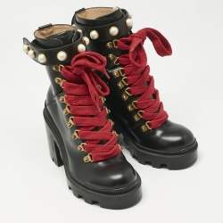 Pre Owned Gucci Black Leather Faux Pearl Embellished Trip Ankle Length Boots Size 35