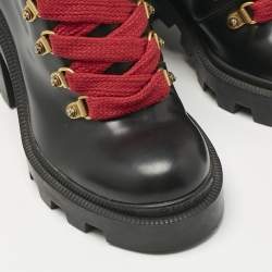 Pre Owned Gucci Black Leather Faux Pearl Embellished Trip Ankle Length Boots Size 35