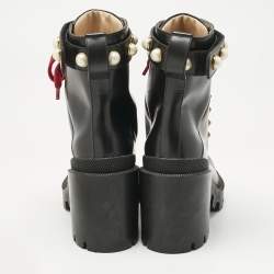 Pre Owned Gucci Black Leather Faux Pearl Embellished Trip Ankle Length Boots Size 35