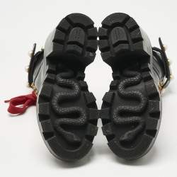 Pre Owned Gucci Black Leather Faux Pearl Embellished Trip Ankle Length Boots Size 35