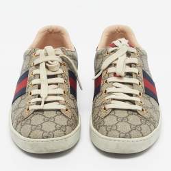 Pre Owned Gucci Red/Beige GG Canvas Ace Low Top Sneakers Size 36.5