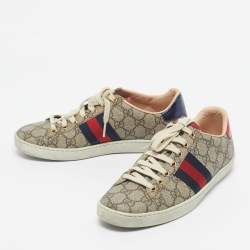 Pre Owned Gucci Red/Beige GG Canvas Ace Low Top Sneakers Size 36.5