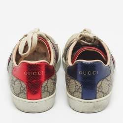 Pre Owned Gucci Red/Beige GG Canvas Ace Low Top Sneakers Size 36.5
