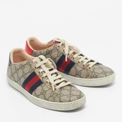 Pre Owned Gucci Red/Beige GG Canvas Ace Low Top Sneakers Size 36.5