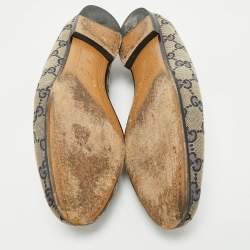 Pre Owned Gucci Beige/Blue GG Canvas and Leather Jordaan Horsebit Loafers Size 38