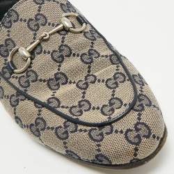 Pre Owned Gucci Beige/Blue GG Canvas and Leather Jordaan Horsebit Loafers Size 38