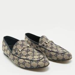 Pre Owned Gucci Beige/Blue GG Canvas and Leather Jordaan Horsebit Loafers Size 38