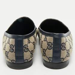 Pre Owned Gucci Beige/Blue GG Canvas and Leather Jordaan Horsebit Loafers Size 38