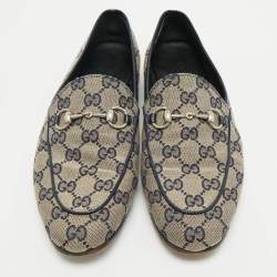 Pre Owned Gucci Beige/Blue GG Canvas and Leather Jordaan Horsebit Loafers Size 38