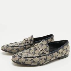 Pre Owned Gucci Beige/Blue GG Canvas and Leather Jordaan Horsebit Loafers Size 38