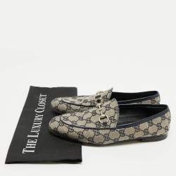 Pre Owned Gucci Beige/Blue GG Canvas and Leather Jordaan Horsebit Loafers Size 38