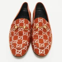 Pre Owned Gucci Brown/Silver GG Canvas and Leather Jordaan Horsebit Loafers Size 37.5