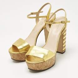 Pre Owned Gucci Gold Leather Platform Block Heel Ankle Strap Sandals Size 39