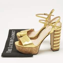 Pre Owned Gucci Gold Leather Platform Block Heel Ankle Strap Sandals Size 39